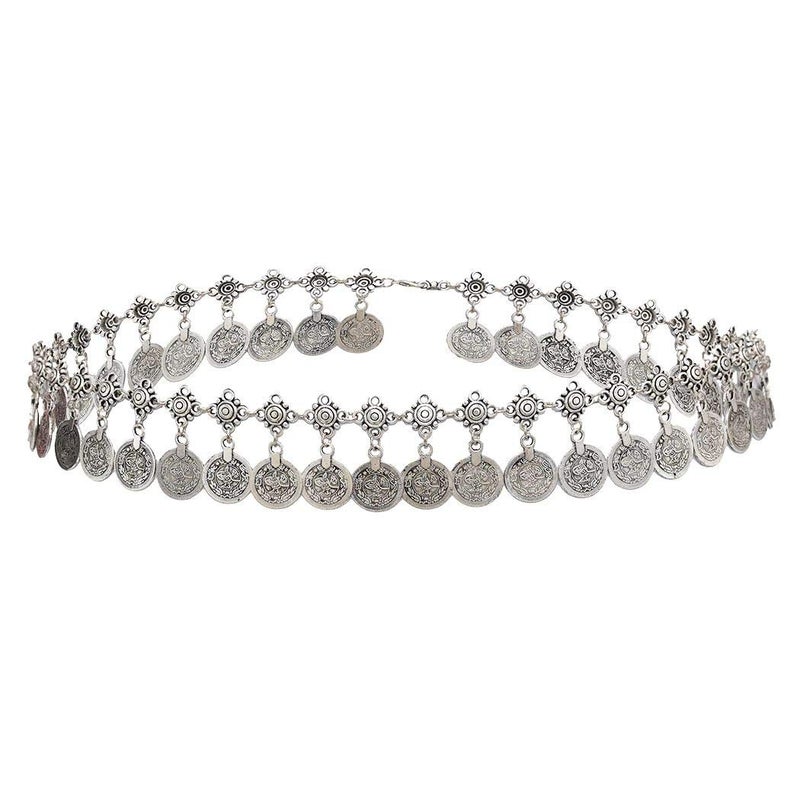 idealway Gypsy Silver Dangle Coins Belly Chain Hippie Boho Belt Belly Dance Chain Body Jewelry (AS) - Image 1